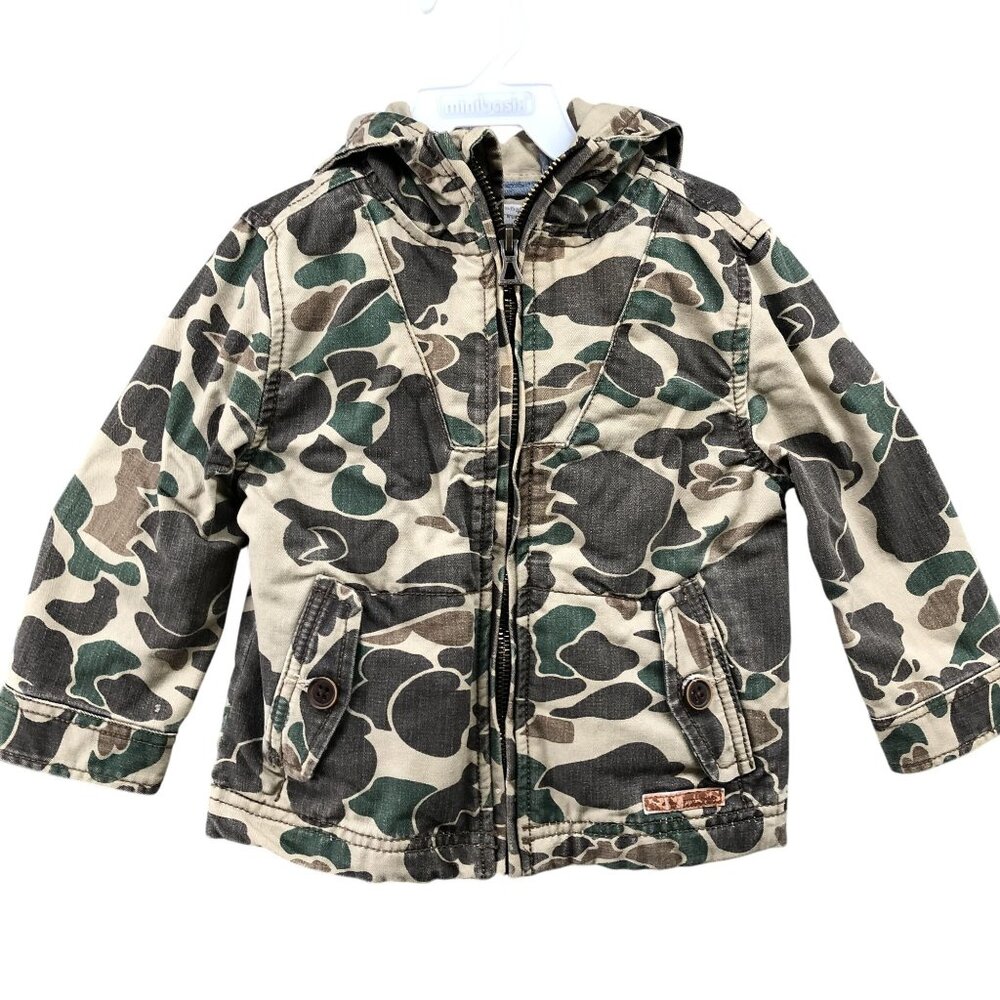 Zara Baby 9-12M‎ Camo Canvas Jacket Green Hooded Zip Outdoor Parka